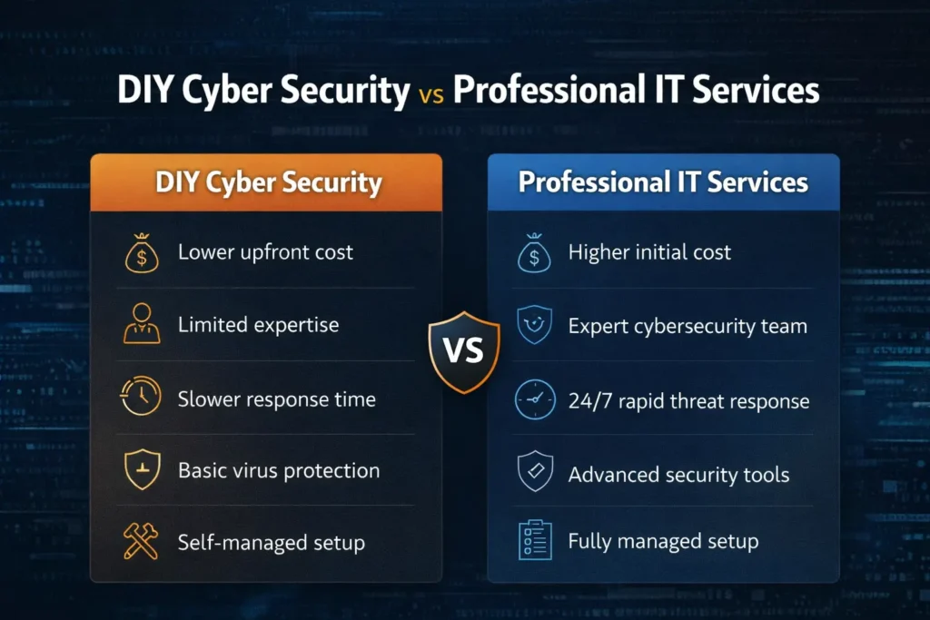 Comparison infographic between DIY Cyber Security and Professional IT Services in Ghana highlighting key factors such as cost, expertise, and response time.