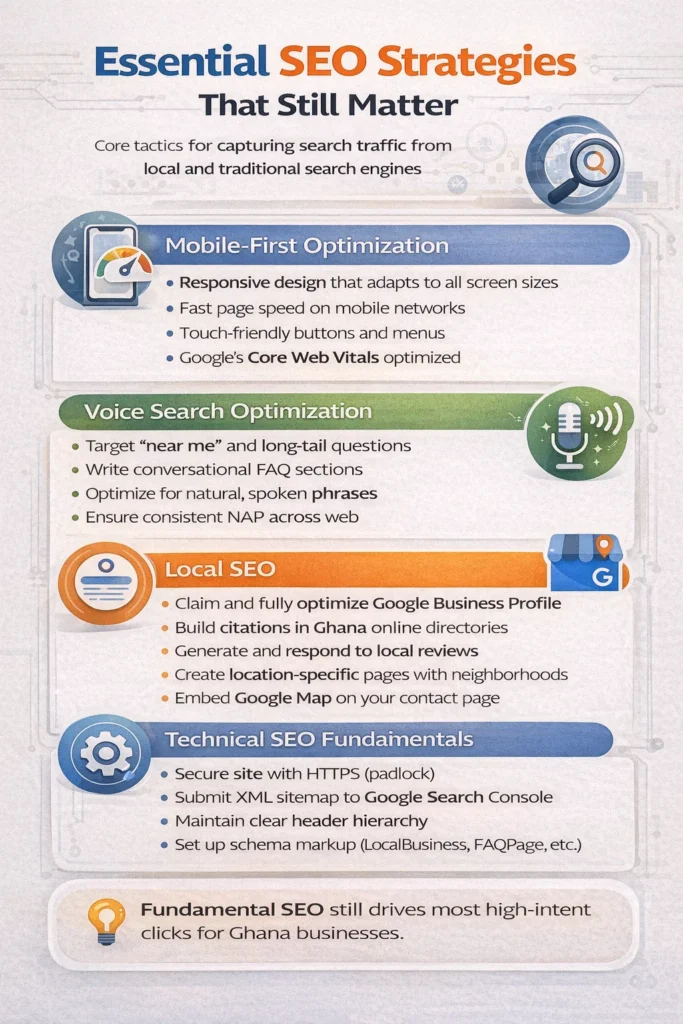 Infographic showing essential SEO strategies that still matter for Ghana businesses including mobile-first, local SEO, and technical SEO