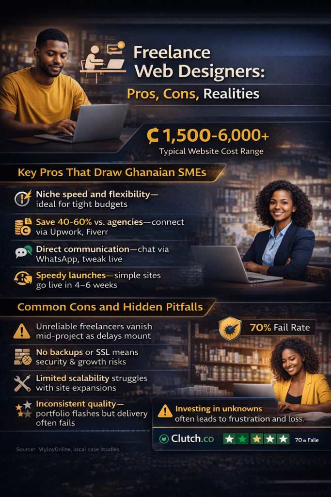 Freelance web designers in Ghana infographic showing pros, cons, pricing range, risks, and real SME challenges
