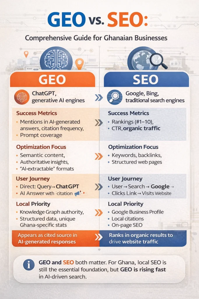 Infographic comparing SEO vs. GEO showing AI search optimisation differences for businesses in Ghana