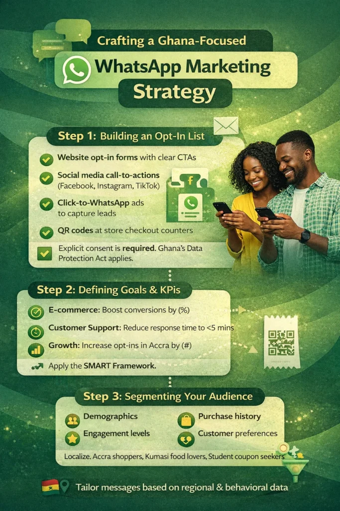 Infographic showcasing a three-step guide for creating a Ghana-focused WhatsApp marketing strategy, covering opt-in list building, defining goals, and audience segmentation.