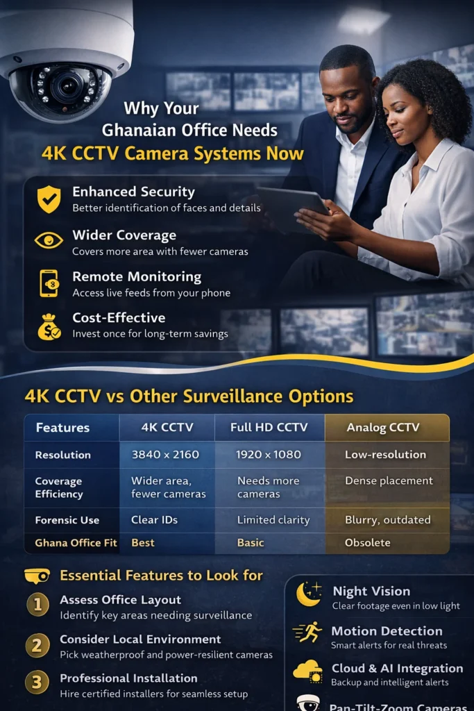 Infographic showcasing the benefits and features of 4K CCTV camera systems for Ghanaian offices including enhanced security, wider coverage, and remote monitoring.