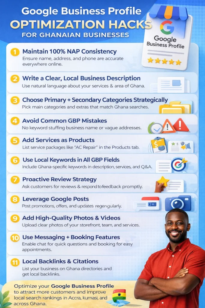 Infographic explaining Google Business Profile optimization hacks for Ghanaian businesses with focus on visibility and trust