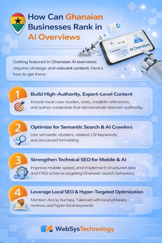 Infographic explaining how Ghanaian businesses can rank in AI overviews, including strategies like high-authority content, semantic search optimization, and local SEO