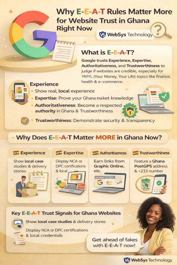 Infographic showing why E-E-A-T (Experience, Expertise, Authoritativeness, Trustworthiness) rules are important for website trust in Ghana, with local examples and actionable tips.