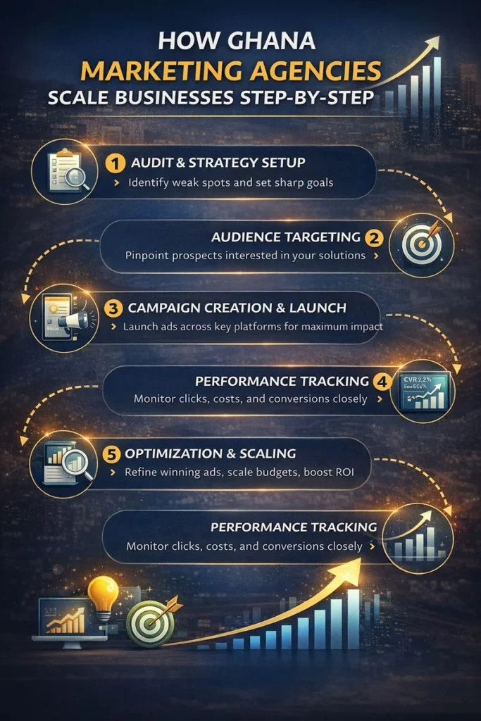 Visual infographic outlining the process Ghana marketing agencies use to scale businesses from strategy planning to performance optimization