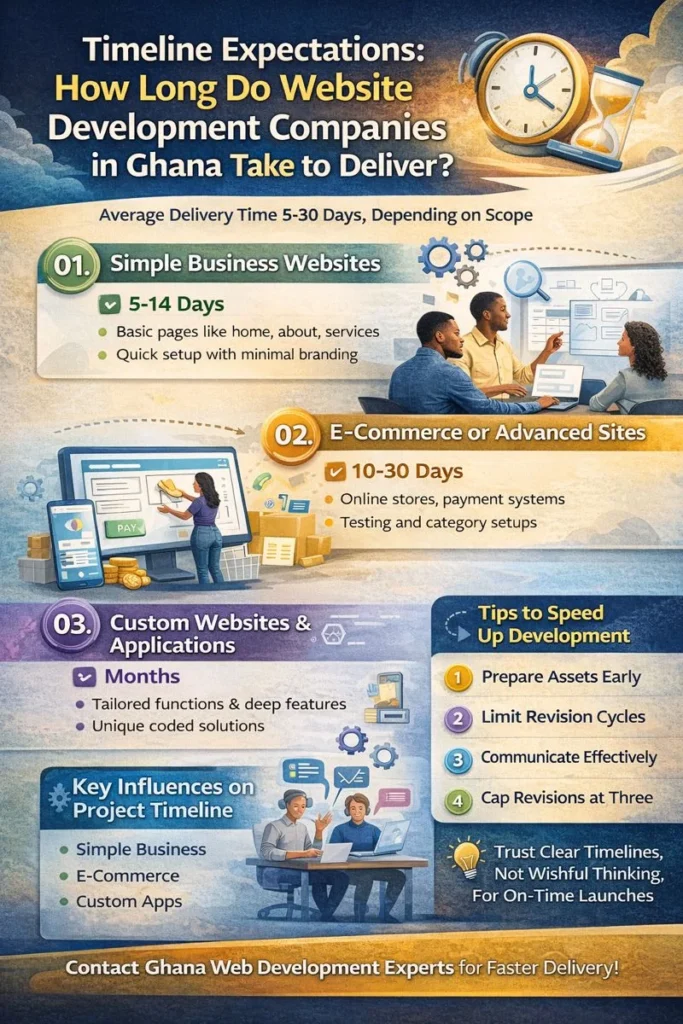 Infographic showing website development timelines for simple business sites, e-commerce, and custom applications in Ghana. Includes tips for speeding up development