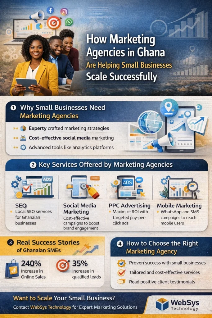 Infographic showcasing how marketing agencies in Ghana help small businesses scale successfully using strategies like SEO, social media marketing, and PPC