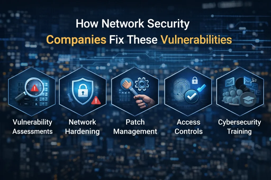 Infographic showing how network security companies fix vulnerabilities like vulnerability assessments, network hardening, patch management, access controls, and cybersecurity training