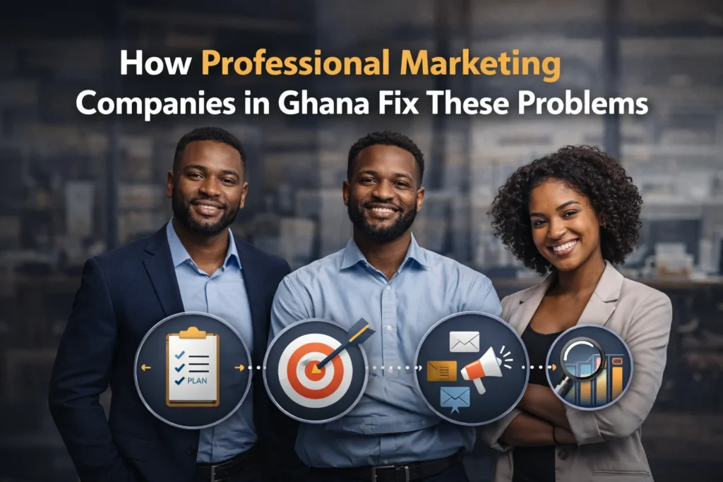 Three marketing professionals in Ghana showcasing marketing strategies, with icons representing planning, targeting, communication, and analytics