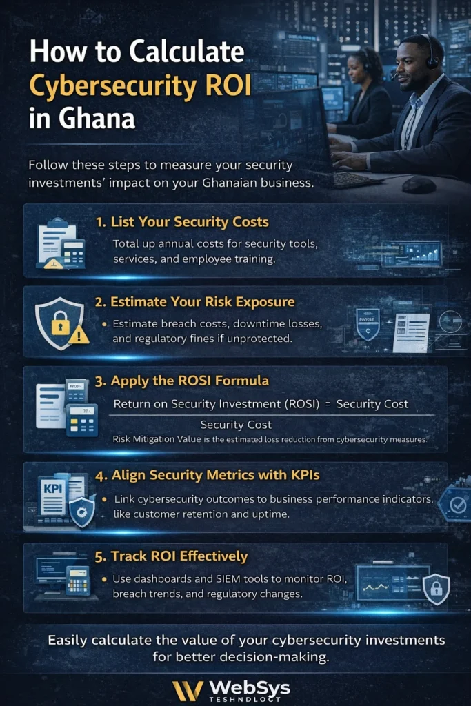 Infographic explaining the steps to calculate cybersecurity ROI in Ghana. It includes sections on listing security costs, estimating risk exposure, applying the ROSI formula, aligning security metrics with KPIs, and tracking ROI effectively.