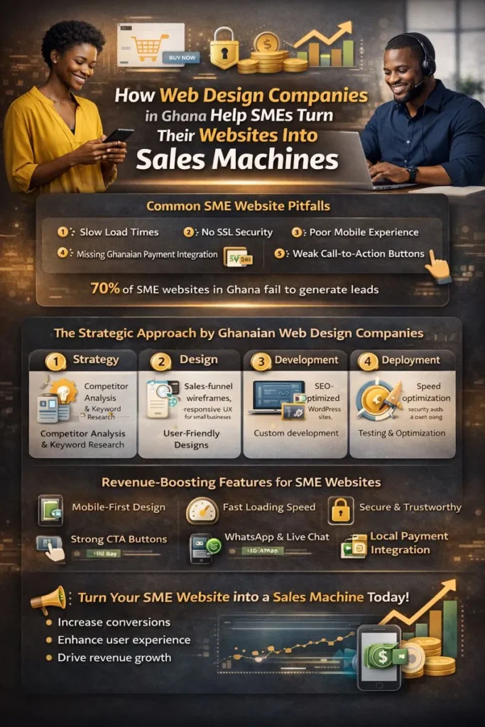 Infographic showing how web design companies in Ghana help SMEs turn their websites into sales machines, highlighting common pitfalls, strategic approaches, and revenue-boosting features.