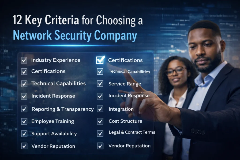 Image showing the 12 key criteria for choosing a network security company with a Ghanaian professional reviewing the criteria list.