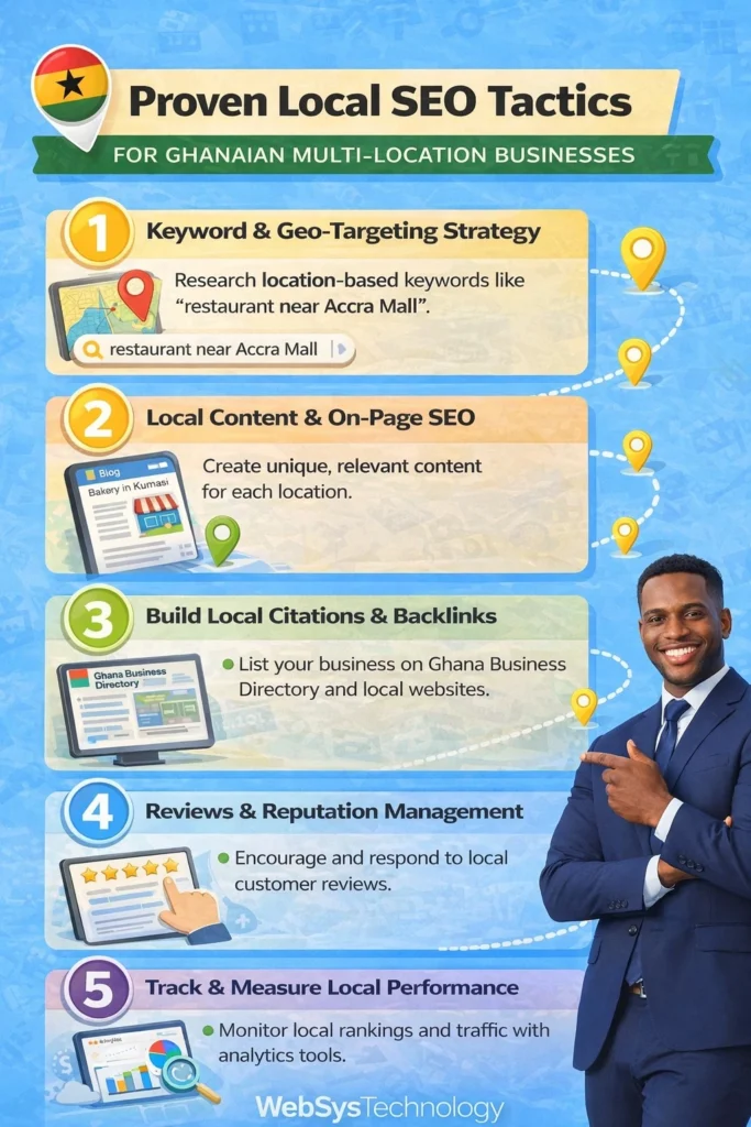 Infographic showing proven local SEO tactics for multi-location businesses in Ghana. Includes tips on keyword targeting, local content, citations, reputation management, and performance tracking.