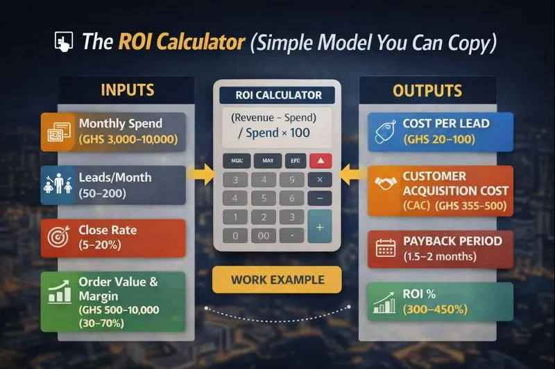 A ROI calculator showing how Ghanaian businesses calculate marketing return using spend, leads, and revenue