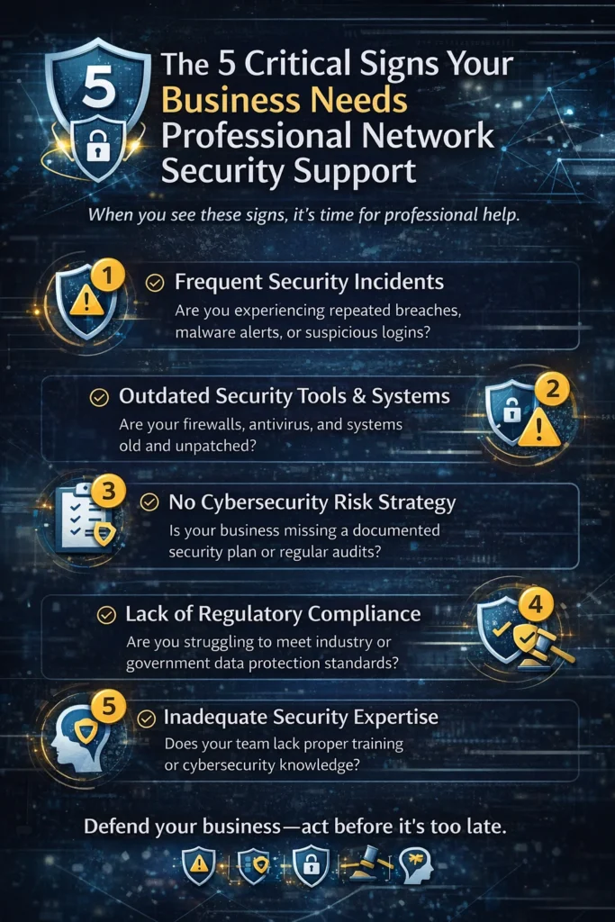Infographic showing 5 critical signs your Ghanaian business needs professional network security support, highlighting security breaches, outdated systems, and compliance gaps
