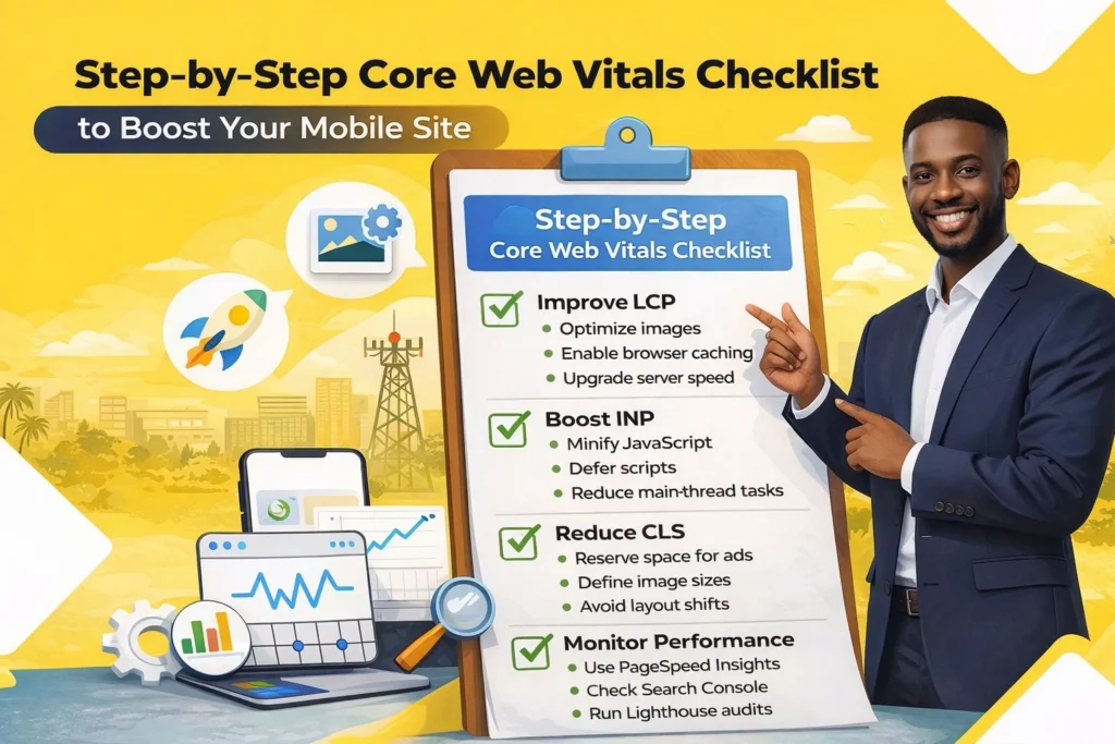 Step-by-Step Core Web Vitals Checklist to Boost Your Mobile Site, featuring Ghanaian web developer and key optimization steps like LCP, INP, CLS, and performance monitoring.