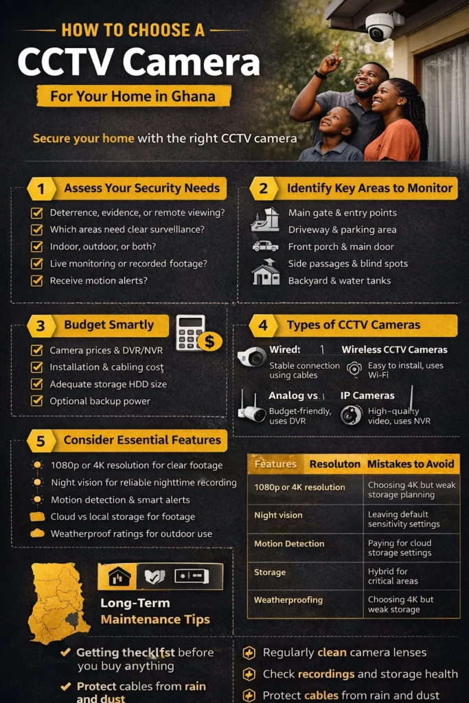 Infographic showing steps to choose a CCTV camera for homes in Ghana, including security needs, budget, and camera types