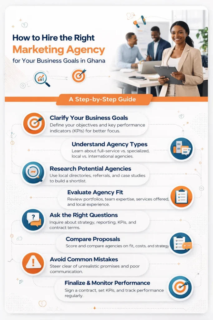 Infographic showing how to hire the right marketing agency for your business goals in Ghana, including steps like defining goals, researching agencies, and evaluating proposals