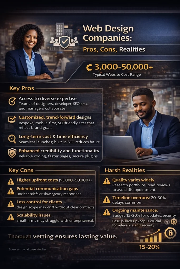 Web design companies in Ghana infographic explaining pros, cons, pricing ranges, risks, and real business realities
