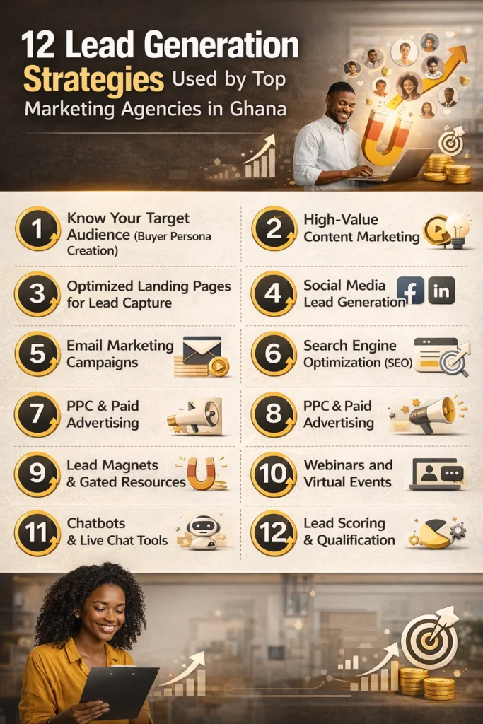 Infographic showing 12 lead generation strategies used by top marketing agencies in Ghana including buyer personas, content marketing, landing pages, social media, email campaigns, SEO, PPC advertising, lead magnets, webinars, chatbots, lead scoring and analytics optimization