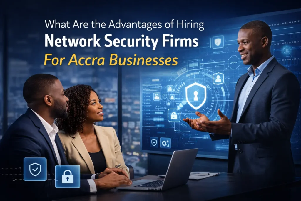 Professionals discussing the advantages of hiring network security firms for Accra businesses, enhancing data protection and operational stability.