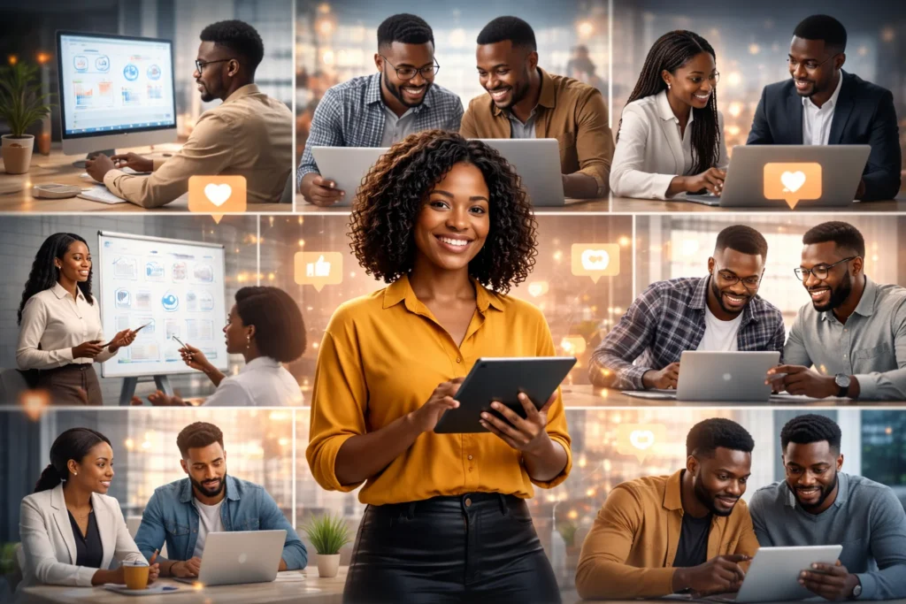 Our social media marketing experts in Ghana working together on digital marketing campaigns with social media icons and analytics in the background.