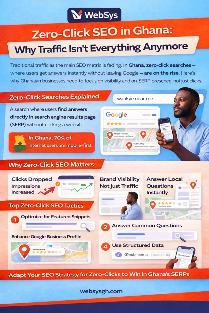 Infographic explaining zero-click SEO in Ghana, showing featured snippets, local packs, and SEO metrics beyond traffic by WebSys