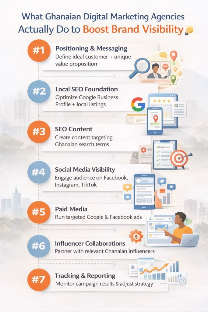Infographic explaining key activities digital marketing agencies perform to increase local business visibility using SEO, social media, paid ads, and analytics.