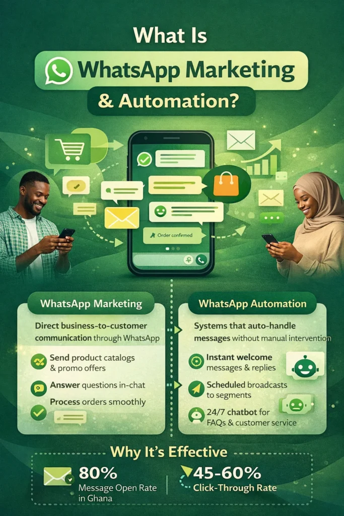 Infographic explaining WhatsApp Marketing and Automation in Ghana, including direct communication with customers, automated messages, and key statistics on open rates and click-through rates.