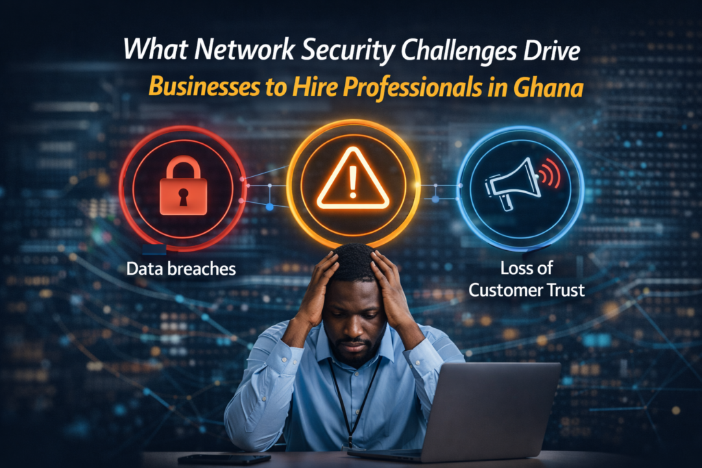 infographic highlighting network security challenges for businesses in Ghana, highlighting data breaches, downtime risks, and customer trust issues.