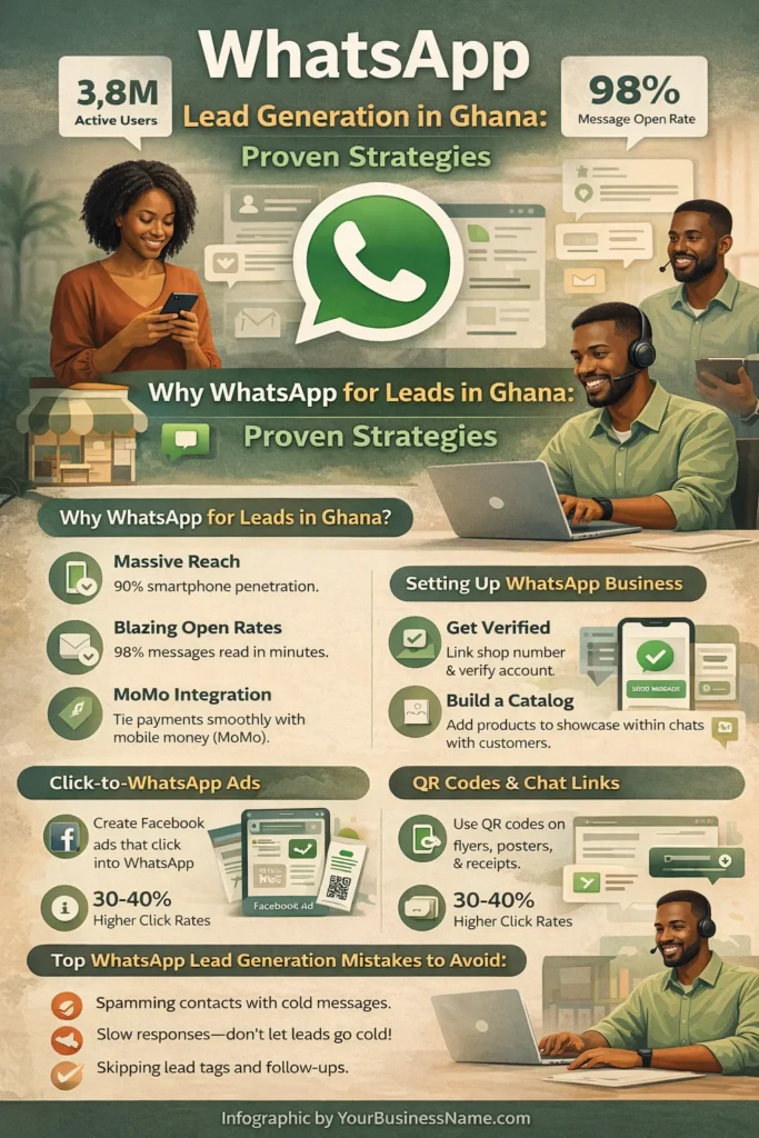 WhatsApp lead generation strategies for Ghanaian businesses. Proven tactics for engaging with customers via WhatsApp, including Click-to-WhatsApp ads, QR codes, and MoMo payment integration.