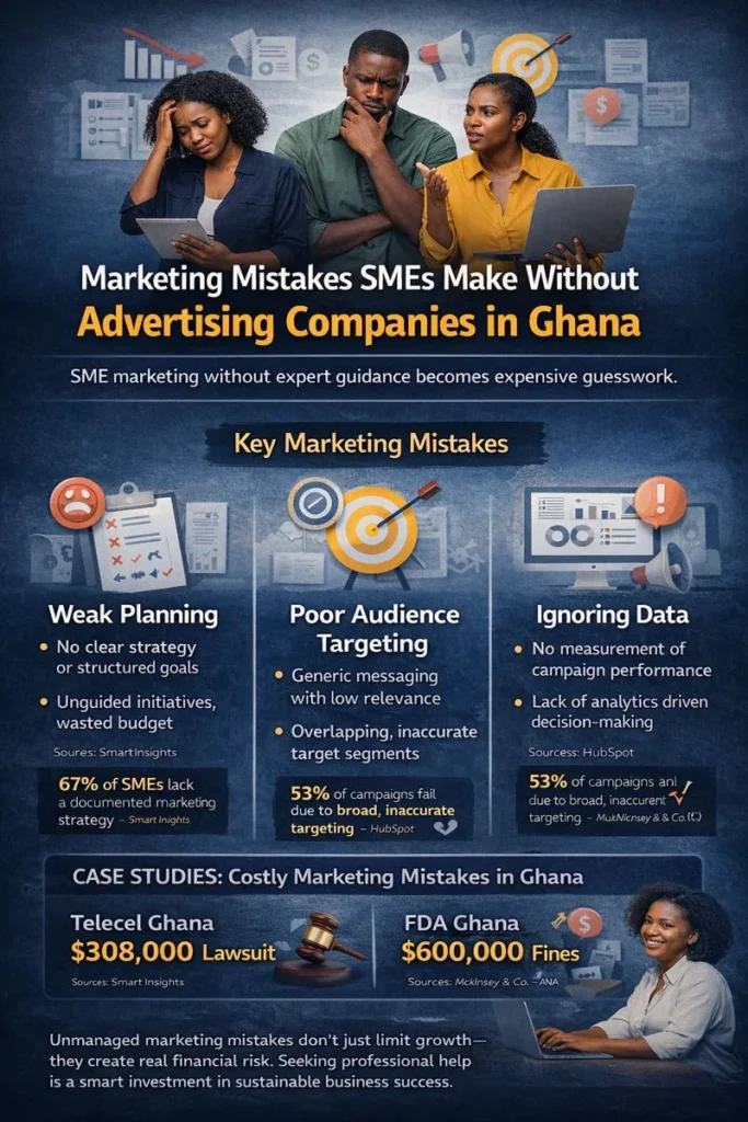 Visual infographic highlighting common marketing mistakes Ghanaian SMEs make without professional advertising support and their business impact.