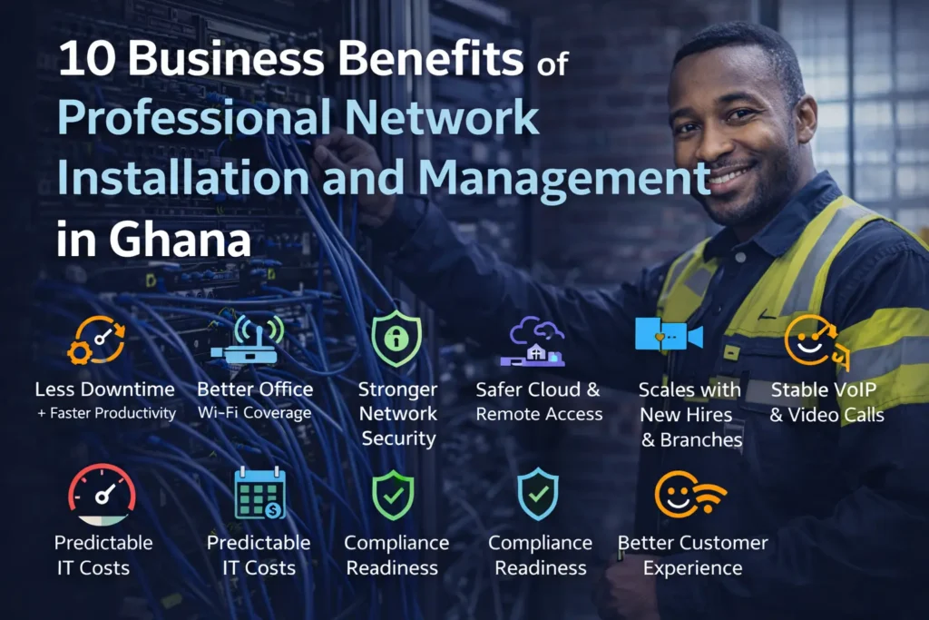 Infographic highlighting business benefits of managed network installation services for Ghana companies