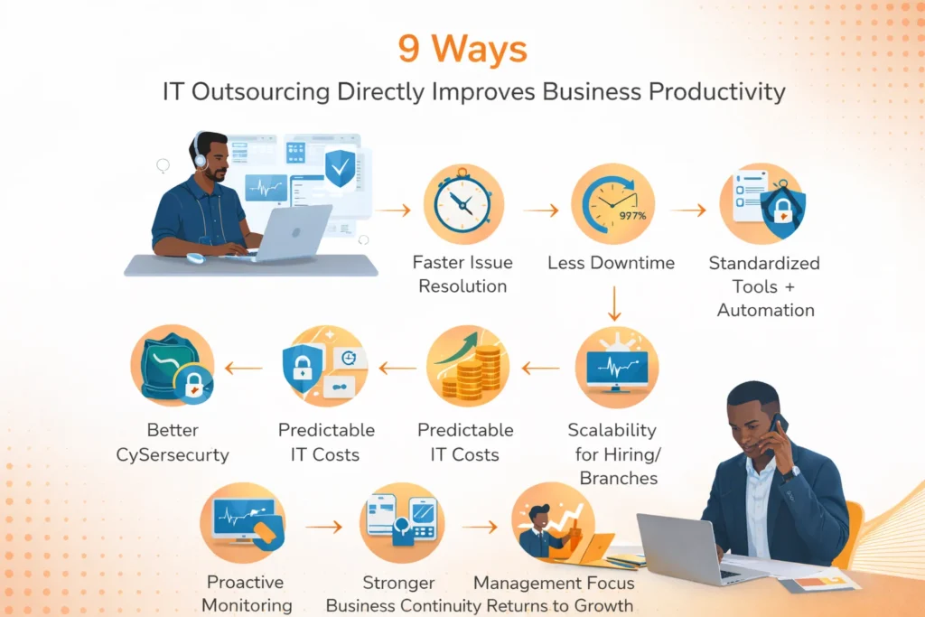 Infographic showing how IT outsourcing services in Ghana improve productivity, reduce downtime, and cut IT costs