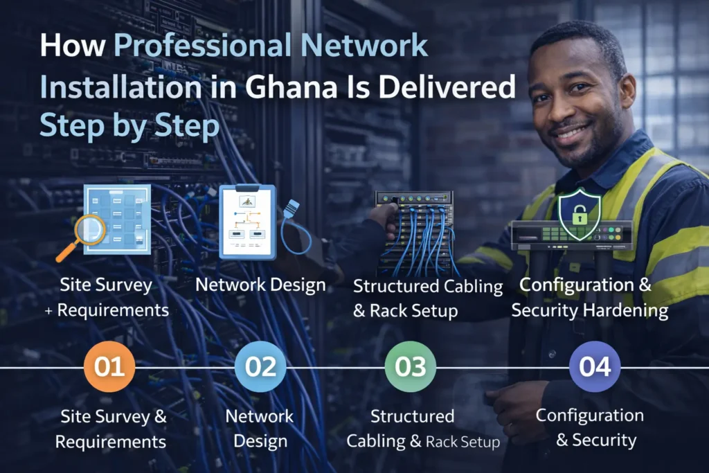 Business network installation process in Ghana from planning and cabling to configuration and security setup