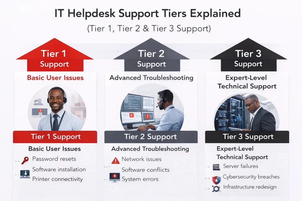 IT helpdesk support tiers explained infographic showing Tier 1, Tier 2 and Tier 3 IT support levels for businesses in Accra