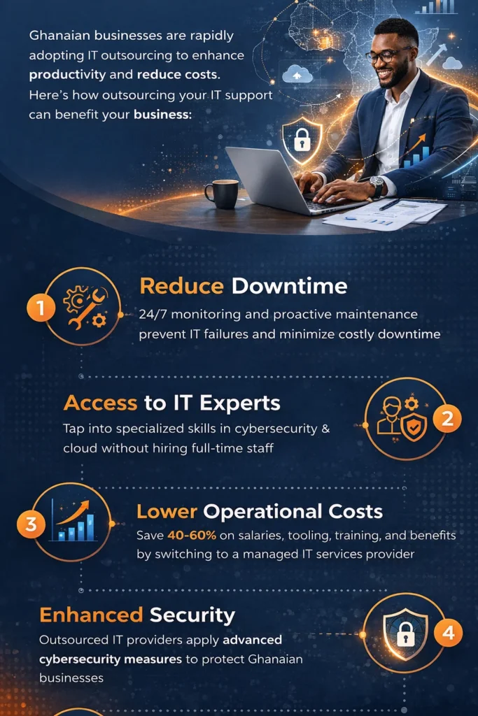 Infographic showing how IT outsourcing in Ghana reduces downtime, lowers operational costs, improves cybersecurity, and boosts business efficiency.