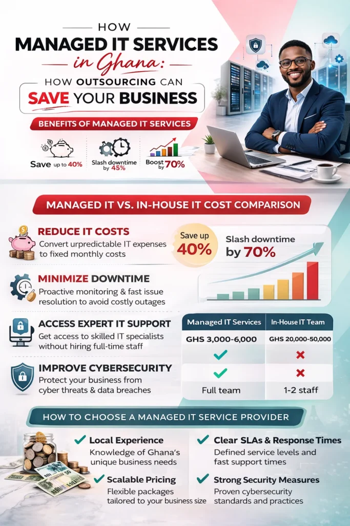 Infographic explaining Managed IT Services in Ghana, cost comparison with in-house IT, downtime reduction, and outsourcing benefits.