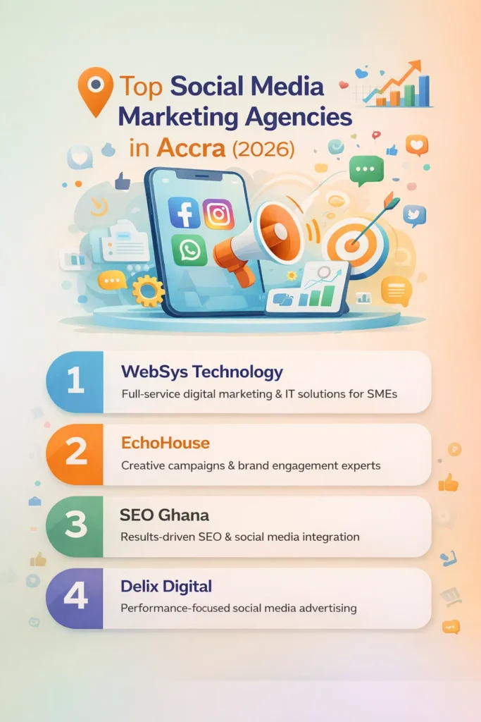 Top Social Media Marketing Agencies in Accra for SMEs (2026) with WebSys Technology, EchoHouse, SEO Ghana, and Delix Digital.