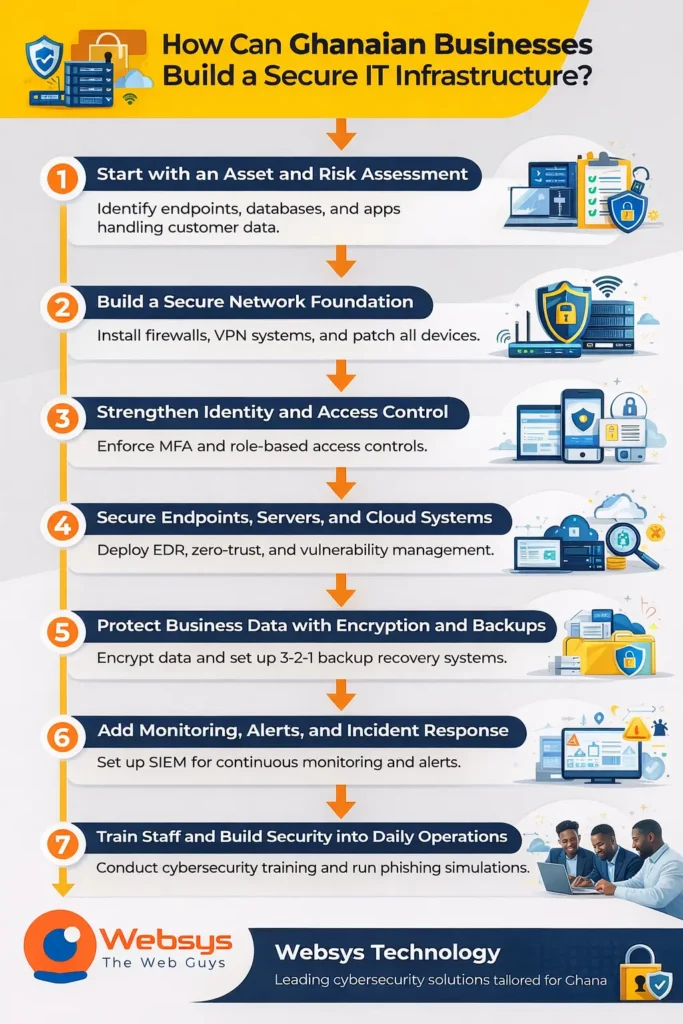Infographic showing steps for Building a Secure IT Infrastructure for Ghanaian businesses including risk assessment, network security, MFA, encryption and monitoring