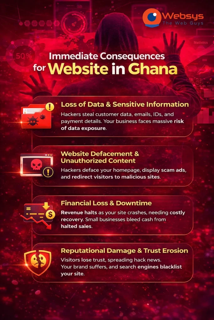 Infographic showing what happens when your website gets hacked: loss of data, website defacement, financial losses, and reputational damage. Tips for Ghanaian businesses to mitigate cyber risks and secure websites.