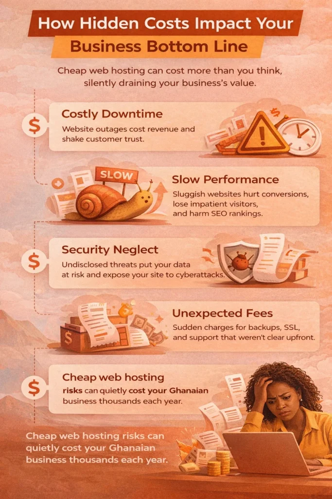 Infographic showing how hidden costs of cheap web hosting can impact Ghanaian businesses, including downtime, slow performance, and security issues.