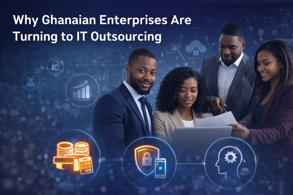 Ghanaian business professionals discussing technology strategy illustrating why Ghanaian enterprises are turning to IT outsourcing services