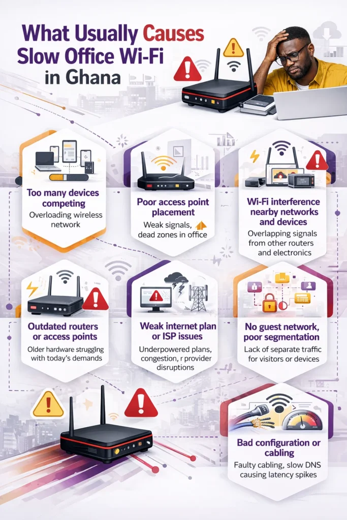 Infographic showing what usually causes slow office Wi-Fi in Ghana including network congestion, interference, outdated routers and poor internet plans
