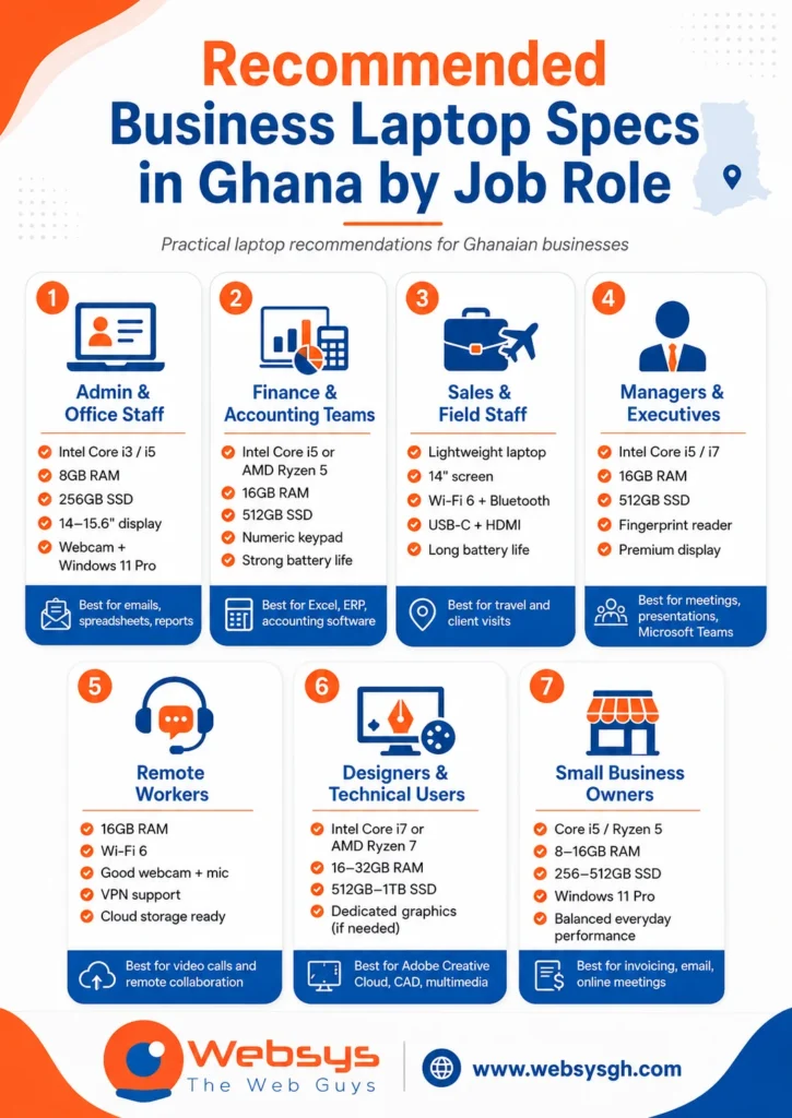 Recommended business laptop specs in Ghana by job role, including admin staff, finance teams, sales staff, managers, remote workers, designers and small business owners.