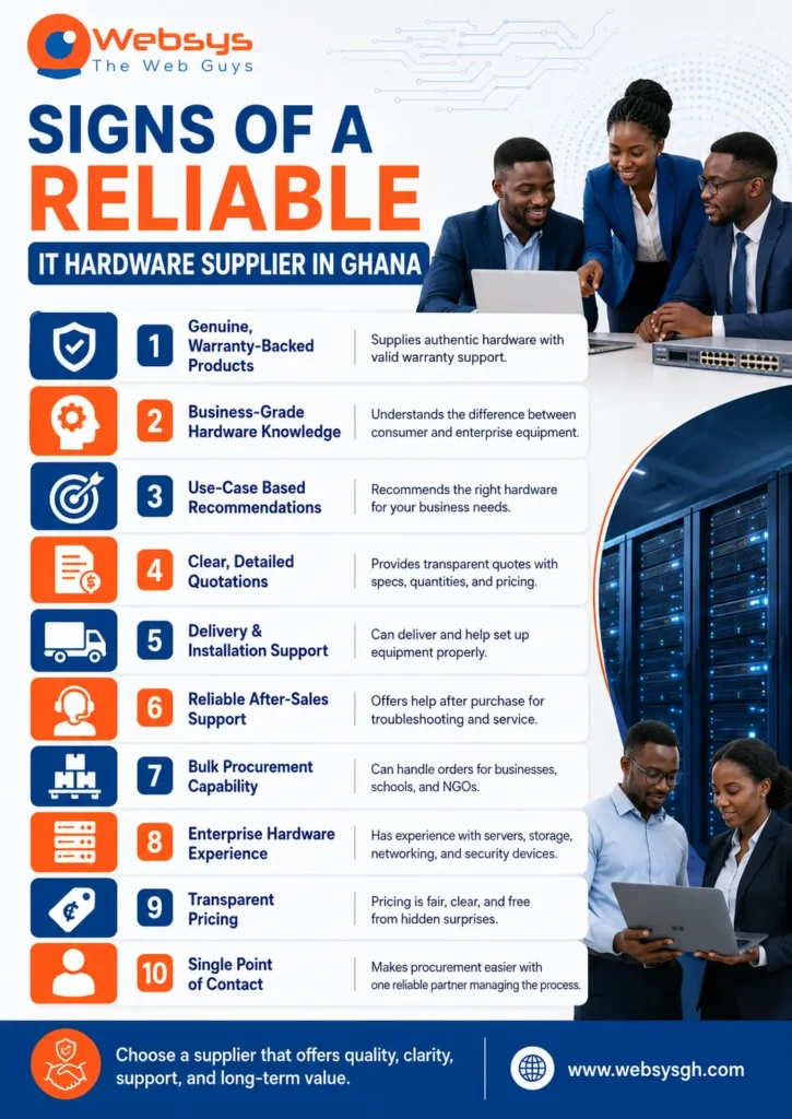 Infographic showing 10 signs of a reliable IT hardware supplier in Ghana, including genuine products, warranty support, clear quotations, delivery, installation, bulk procurement, and after-sales support.